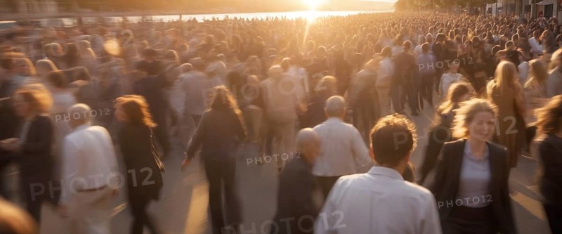Busy crowd in a city with a sunset background creating a warm, dynamic scene, horizontal wide aspect ratio, daylight, AI generated