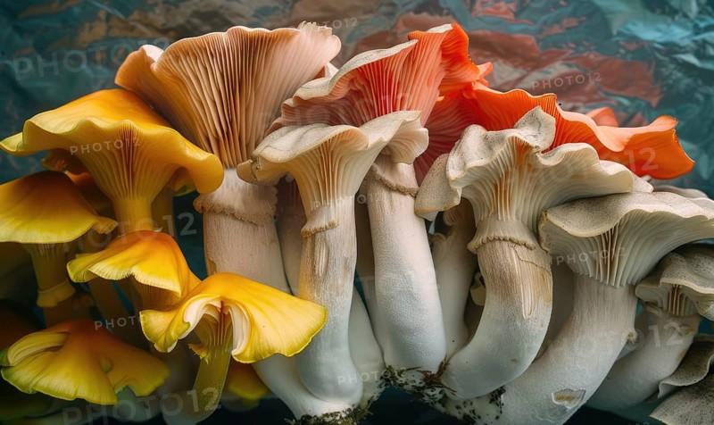 Still life with group of yellow and orange chanterelle mushrooms AI generated