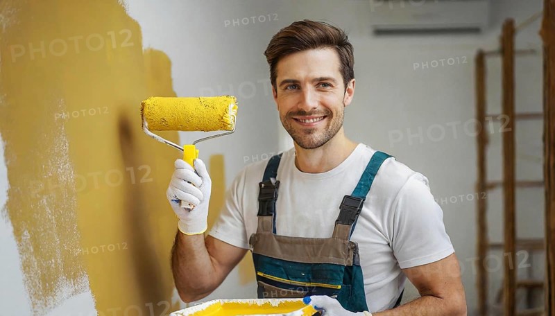 AI generated, man, men, a painter paints a wall with new yellow paint, father, renovation of old flat, paint roller, ladder, yellow, paint, 25, 30, years, a, person, occupation, occupations, leisure activity, family, smiles, smiling, fun at work, laughing, laughing, laughing, friend, partner, man