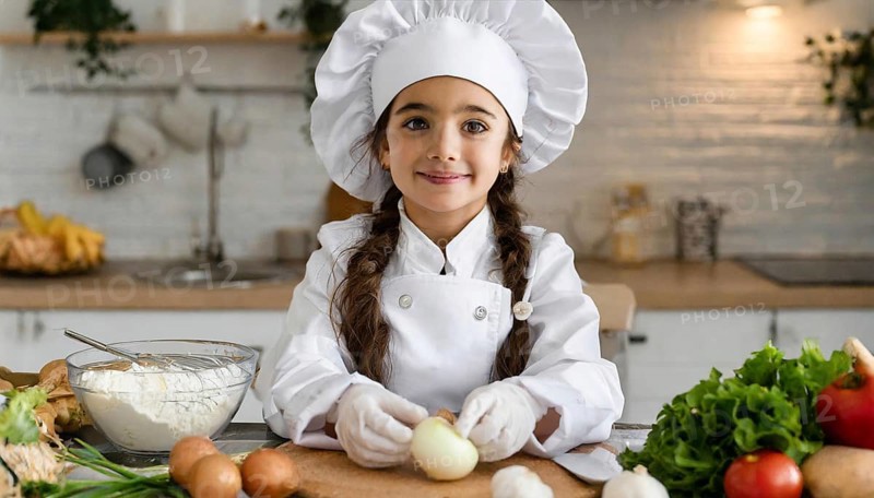 AI generated, human, humans, person, persons, child, children, 8 year old girl cutting onions in a white kitchen, chef hat, smock, cute, cute, beautiful eyes, beautiful teeth, cook, cook, kitchen table, vegetables, onions, garlic