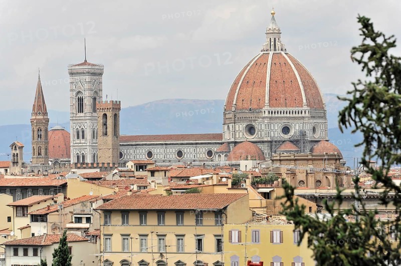 City panorama with Santa Maria del Fiore Cathedral, view from Monte alle Croci, Florence, Tuscany, Italy, Europe