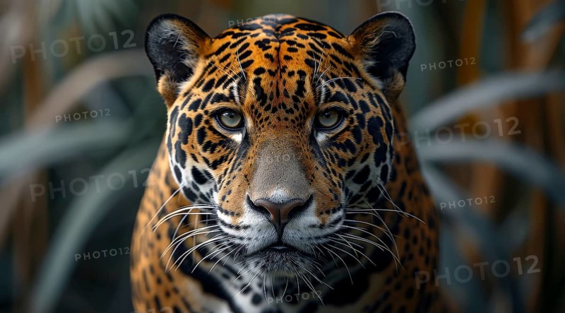 Portrait of a Jaguar (Panthera onca), The King of the Amazon Jungle, with a focused stare and a blurred background, ai generated, AI generated