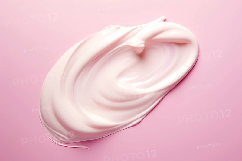 Smudge of white facial cream on pink background. KI generiert, generiert AI generated