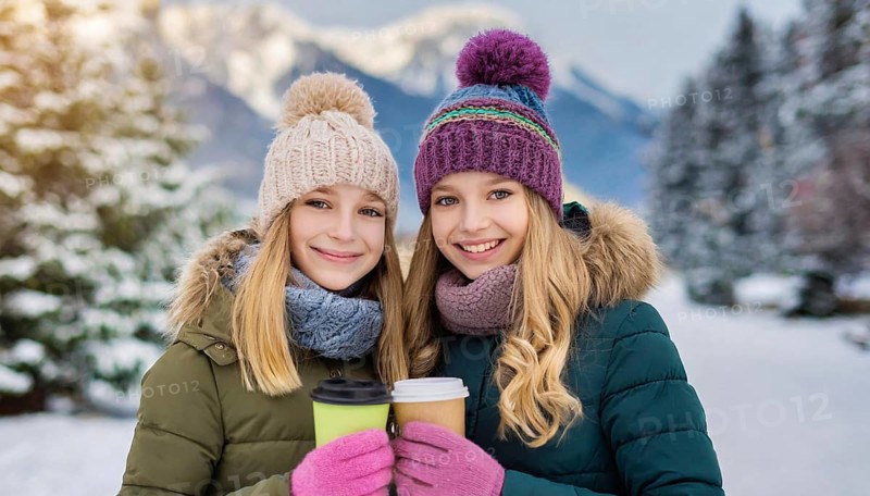 AI generates, human, humans, person, persons, child, children, girl, two, 15, years, outdoor, ice, snow, winter, seasons, drinks, drinking, coffee to go, coffee, cup, paper cup, hot drink, cap, bobble hat, gloves, winter jacket, cold, coldness