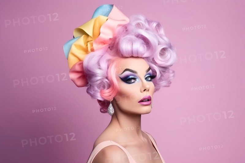 Portrait of drag queen with colorful hair on pastel pink background. KI generiert, generiert AI generated