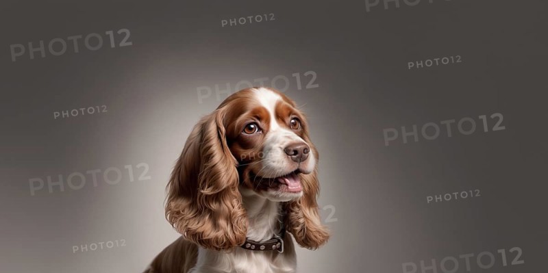 English cocker spaniel young dog posing. white and brown dog or pet playing happy, isolated, AI generated