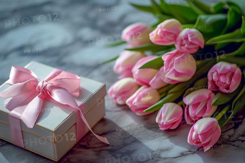 Gift Box with Pink Ribbon Beside bouquet of Fresh Tulips. Background for Valentine day, March 8, mother day, spring holidays, birthday, AI generated