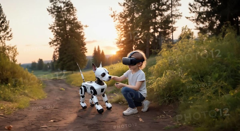 Child in VR glasses with a robot dog in nature. The concept of robotics in children's lives, AI generated