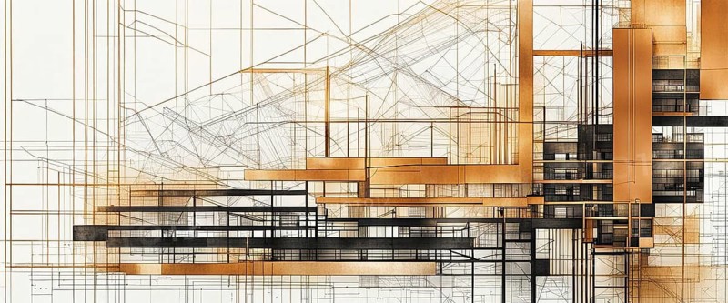 A linear architectural blueprint with an overlay of a modern design in sepia tones, horizontal aspect ratio, off white background color, AI generated