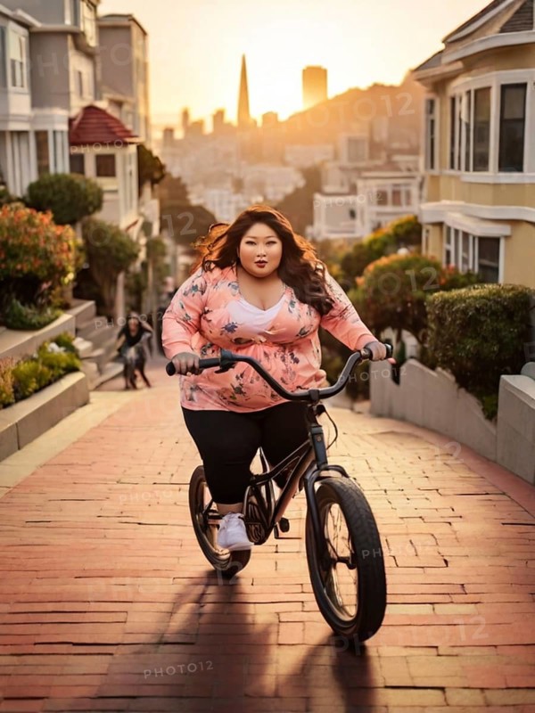 Curvy asian young Woman in a floral shirt riding a BMX bike in the city with a sunset illuminating the scene, San Francisco, Lombard area, AI Generated, AI generated