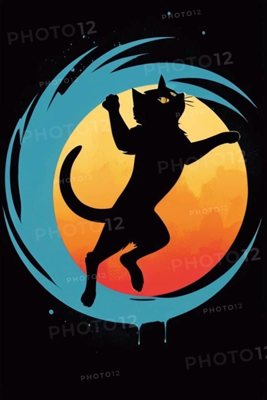Silhouette of a cat against a stylized moon and night sky, with warm colors, minimalist vintage design muted faded, bright background, AI Generated, AI generated