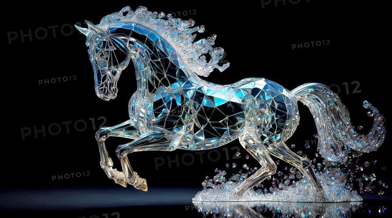 Jumping horse, animal sculpture made of bluish shimmering crystal glass, AI generated, AI generated