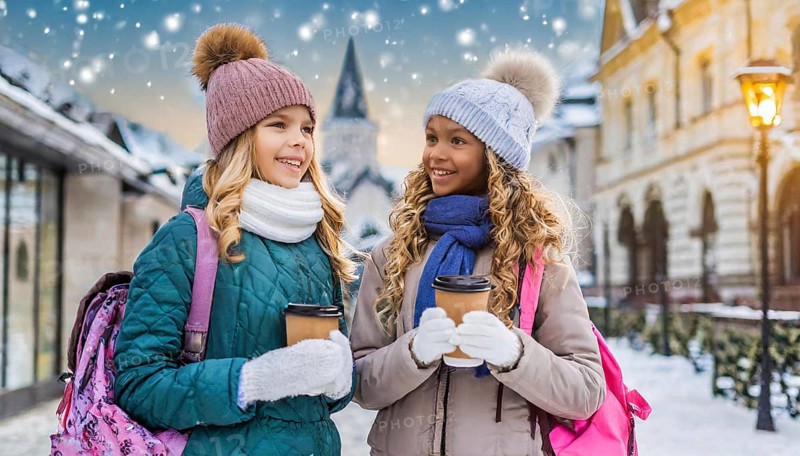 AI generates, human, humans, person, persons, child, children, girl, two, 15, years, outdoor, ice, snow, winter, seasons, drinks, drinking, coffee to go, coffee, cup, paper cup, hot drink, cap, bobble hat, gloves, winter jacket, cold, coldness