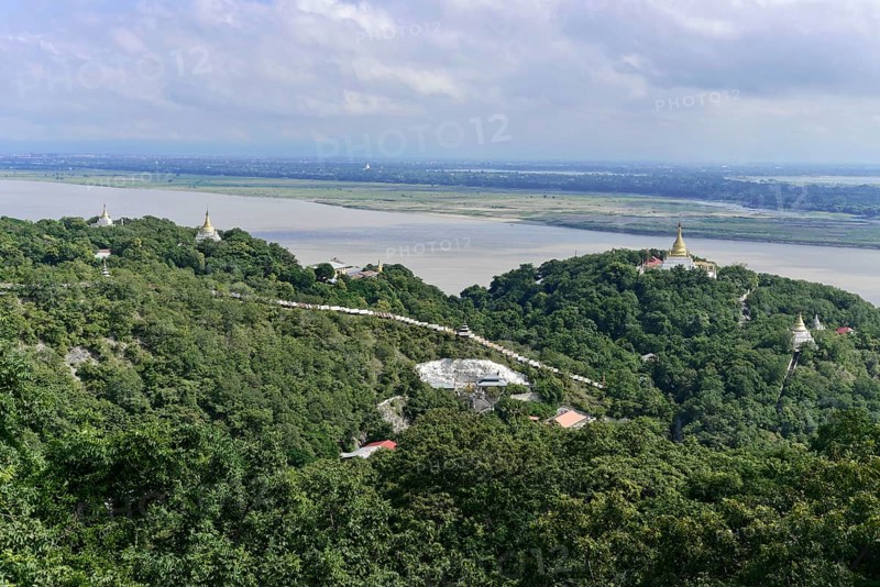 View of the Irrawaddy River with pagodas, Mandalay Division, Myanmar, Asia
