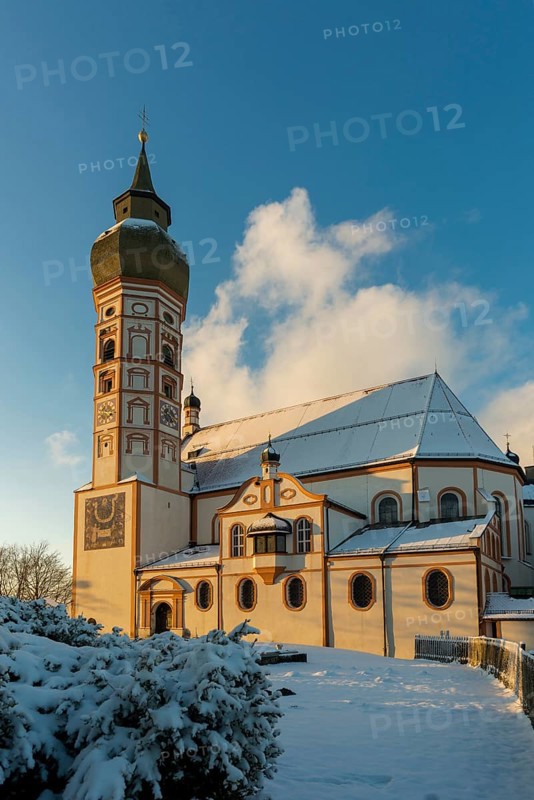 Andechs Monastery in winter, sunset, Fuenfseenland, Pfaffenwinkel, Upper Bavaria, Bavaria, Germany, Europe