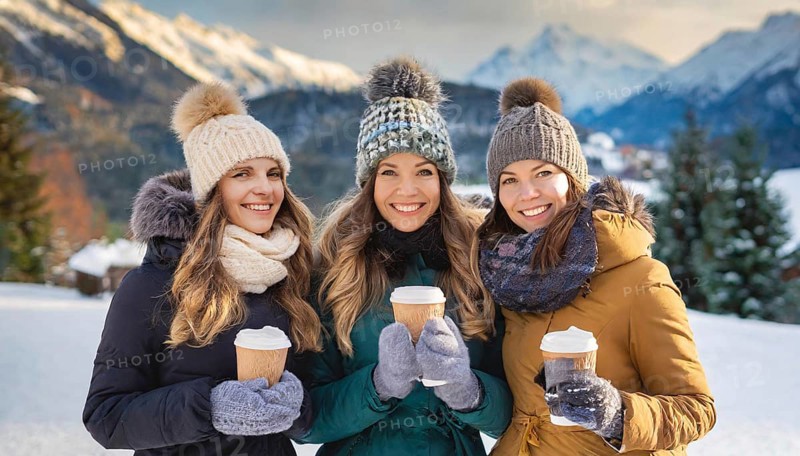 AI generated, human, humans, person, persons, woman, woman, three persons, coffee, coffee mug, coffee to go, outdoor shot, ice, snow, winter, seasons, drinks, drinking, cap, bobble hat, gloves, winter jacket, cold, cold, portrait