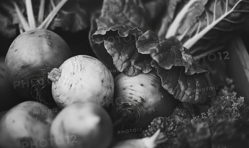 Black and white photo of fresh organic vegetables, close-up AI generated