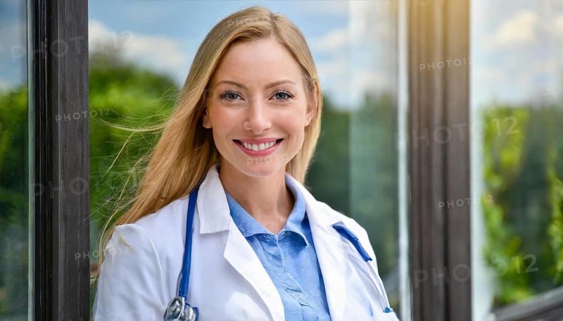AI generated, A young pharmacist in her pharmacy, portrait, 30, 35, years, female, blonde, blond, blonde, beautiful teeth, smiles, long hair, profession, professions, medicines in the background