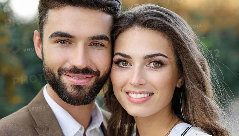 AI generated, human, people, man, men, bearded, dark-haired, woman, blond, blonde, brunette, woman, couple in love, love, affection, tenderness, family, Italian, German, 35, 40, years, German woman, attractive, attractive, two people, portrait, beautiful eyes, beautiful teeth, smile