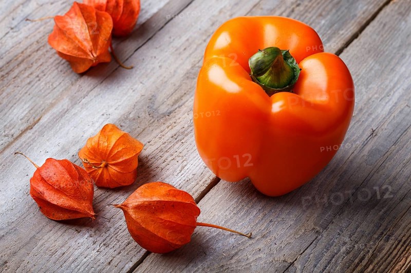 Orange pepper and red physalis on rustic wooden background with copy space
