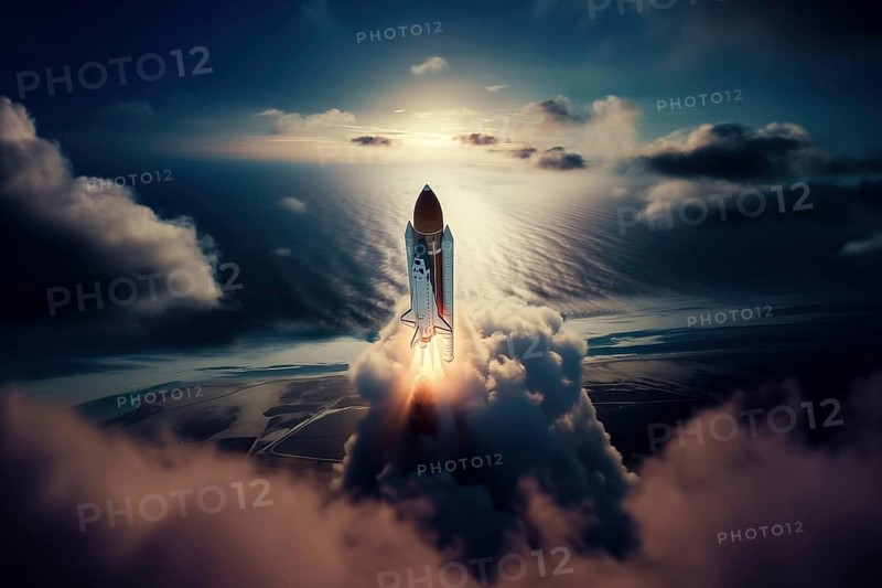 Aerial view of a rocket shuttle carrier launch at sunrise over an ocean coast. The rocket is blasting off with a trail of smoke and flames behind it, AI generated