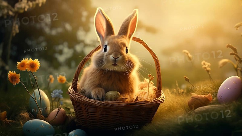 Cute Easter bunny sits beside a basket filled with colorful, decorated eggs amidst a vibrant green field under the bright, sunny sky. The festive spirit of Easter and the joy of nature, AI generated