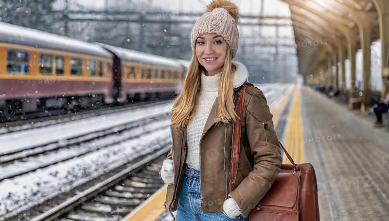 AI generated, A young blonde woman wants to travel and waits for the train at the station, 20, 25, blonde, blond, blonde, modern, modern, handbag, leather jacket, boots, sexy, attractive, attractive, long-haired, transport, traffic
