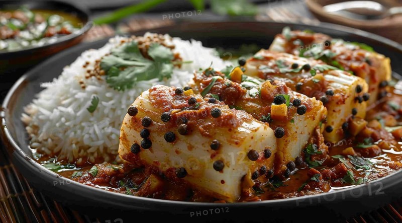 Paneer pieces served with spicy curry and basmati rice garnished with cilantro on a black plate, ai generated, AI generated