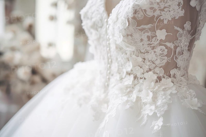 Close up of elegant white wedding dress with lace. KI generiert, generiert AI generated