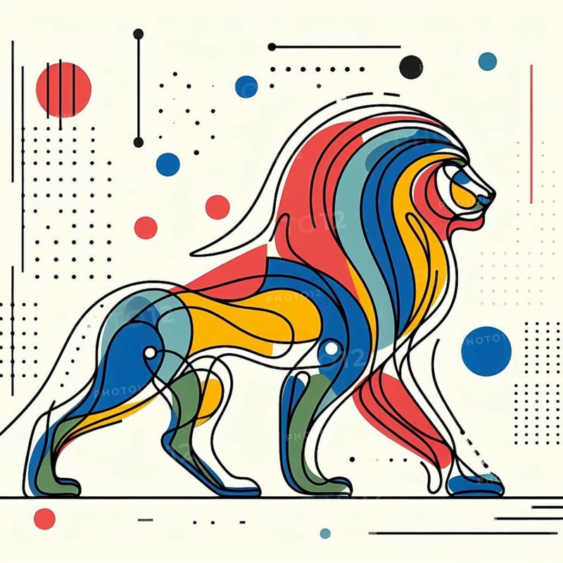 Colorful abstract geometric design of a lion in motion, continuous line art, creature is stylized and simplified to the most basic geometric forms, exaggerated features, adorned with splashes of primary colors, clean white solid background, with subtle geometric shapes and thin, straight lines that intersect with dotted nodes and overlap the figures. The overall aesthetic is modern and contemporary, AI generated