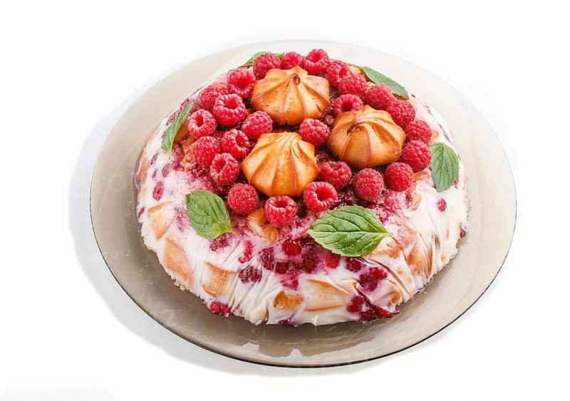 Homemade jelly cake with milk, cookies and raspberry isolated on white background. side view. close up