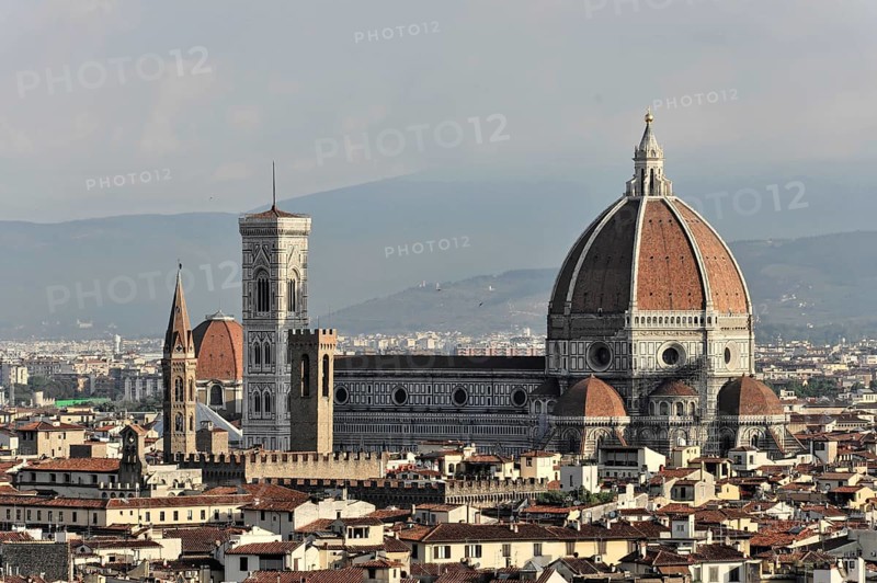 City panorama with Santa Maria del Fiore Cathedral, view from Monte alle Croci, Florence, Tuscany, Italy, Europe