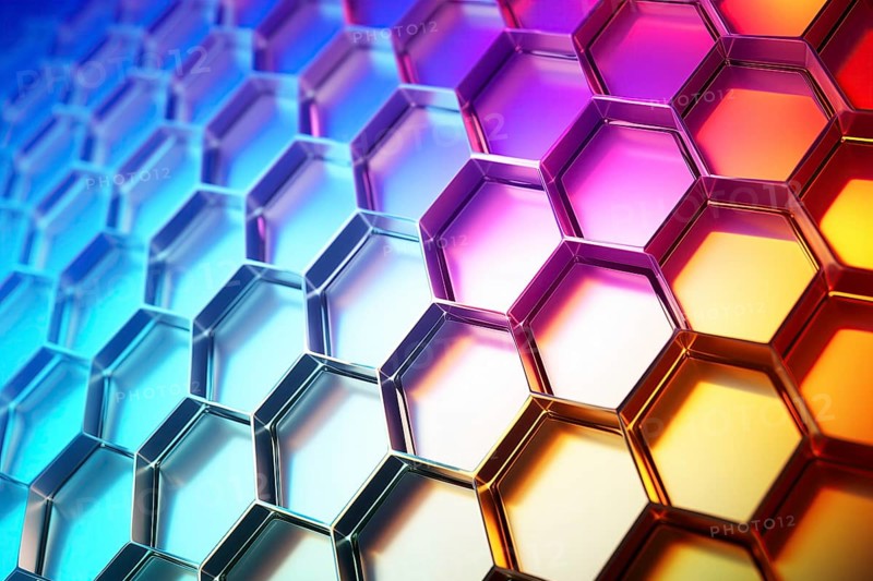 Metallic honeycomb pattern illuminated with vibrant gradient colors abstract background, AI generated