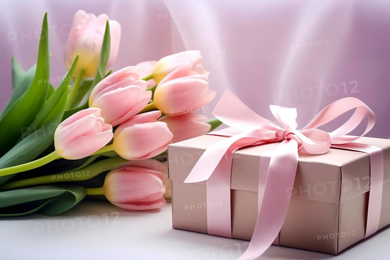 Gift Box with Pink Ribbon Beside bouquet of Fresh Tulips on Bokeh Background. Good for Valentine day, March 8, mother day, spring holidays, birthday designs, AI generated