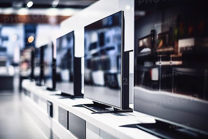 Modern black flat screen TVs in electronics store. KI generiert, generiert AI generated