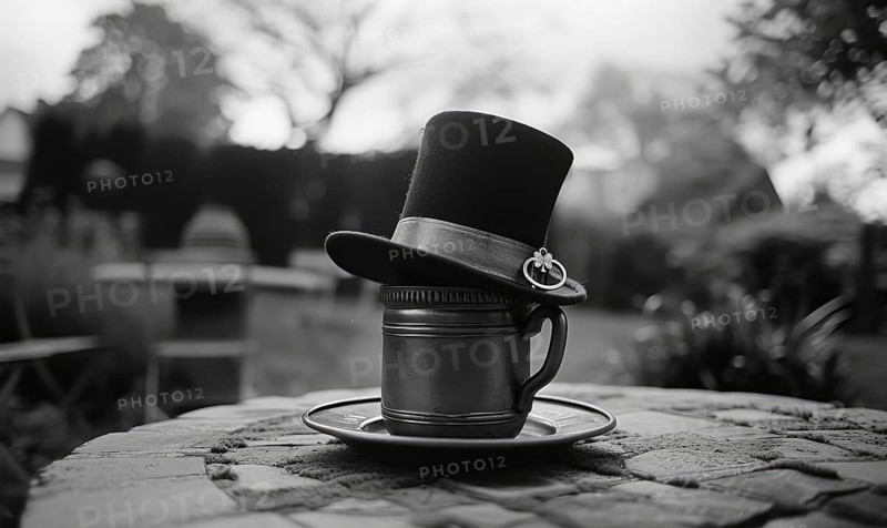 Leprechaun hat and pot of gold closeup. Monochrome photo. AI generated