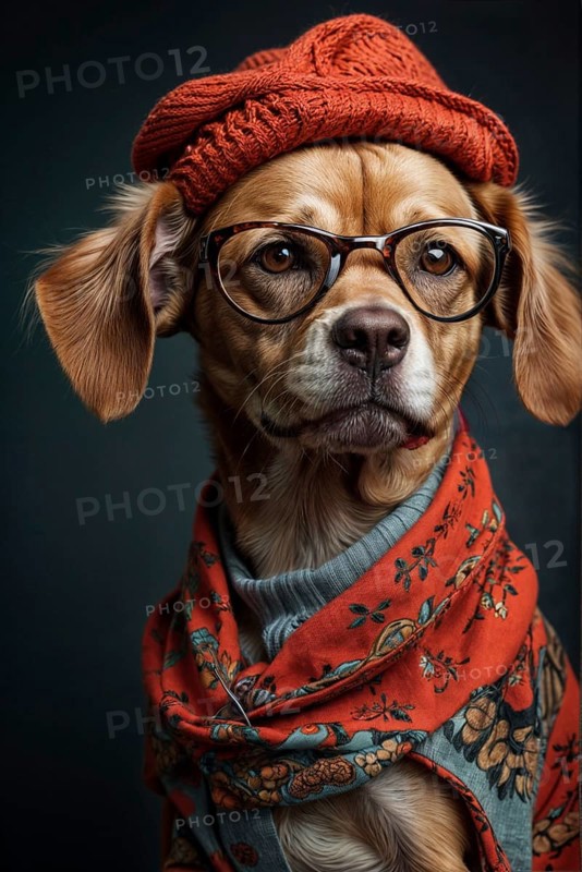 Fashionable dog with glasses, a red beanie, and a patterned scarf looking intrigued, over grey solid studio background, AI generated