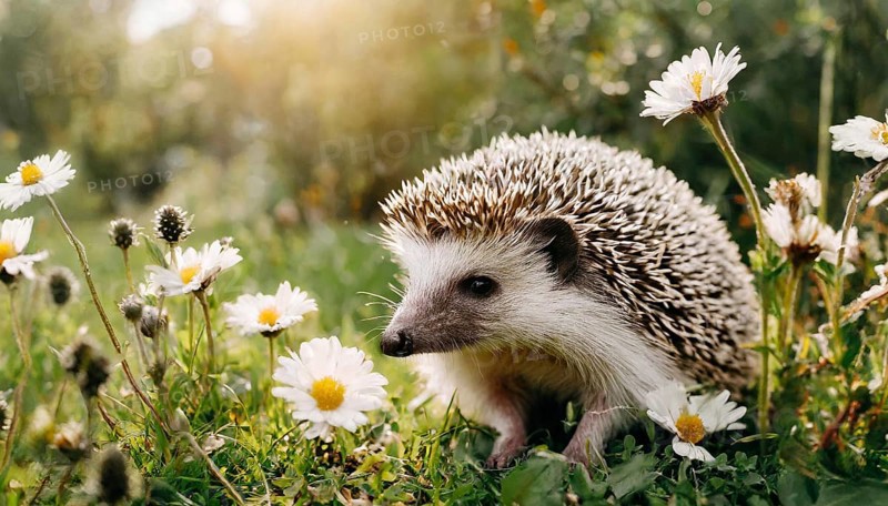 KI generated, animal, animals, mammal, mammals, young hedgehog (Erinaceidae), sitting in flower meadow, spring, a single animal, white and yellow flowers, meadow, lawn