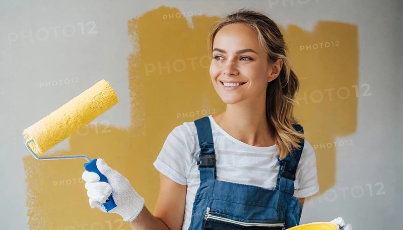 AI generated, woman, woman, a young girl paints a wall with new paint, yellow, yellow, renovation of old flat, paint roller, ladder, paint, 20, 25, years, one, one person, daughter, student, pastime, family, girl, smiling, smiling, fun at work, laughing, laughing, laughing, dungarees, jeans