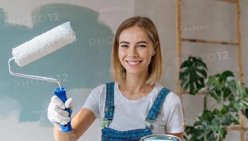 AI generated, woman, woman, a young girl paints a wall with new paint, white, white, renovation of old flat, paint roller, ladder, paint, 20, 25, years, one, one person, daughter, student, pastime, family, girl, smiling, smiling, fun at work, laughing, laughing, laughing, dungarees, jeans