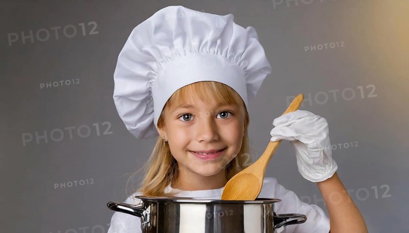AI generated, human, humans, person, persons, child, children, 8 year old girl cooking a vegetable soup in a white kitchen, chef's hat, smock, cute, cute, cute, beautiful eyes, beautiful teeth, cook, cook, kitchen table, vegetables, onions, garlic