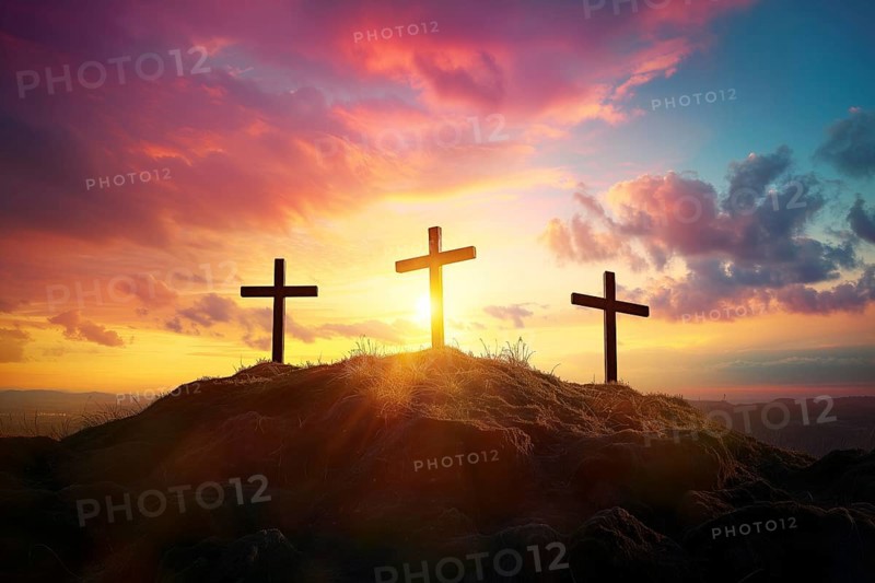 Easter concept three crosses on Golgotha Calvary hill against a dramatic sunset, AI generated