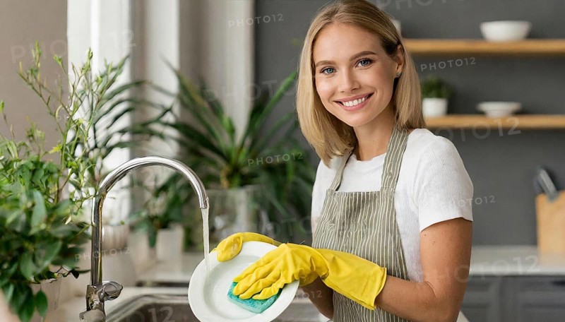 AI generated, woman, woman, 30, 35, blonde, blond, blonde, kitchen, sink, kitchen table, dishes, washing up, washing dishes, plates, cups, glasses, dishcloth, gloves, cleaning, water, polishing cloth, polishing, clean, cleanliness, housewife, mother, family