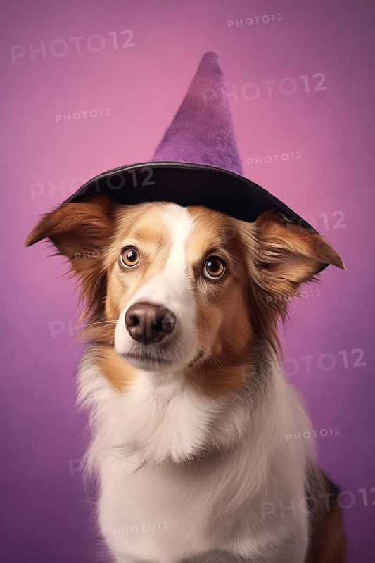 Dog with Halloween witch hat on purple background. KI generiert, generiert AI generated