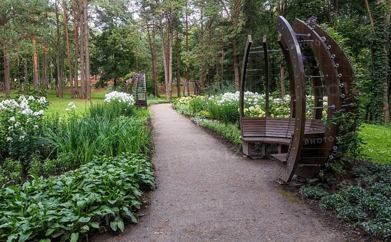 A forest park with large trees and creative benches and arches. Druskinikai, Lithuania, Europe