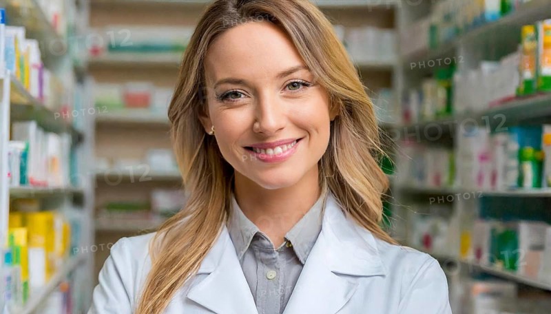 AI generated, A young pharmacist in her pharmacy, portrait, 30, 35, years, female, blonde, blond, blonde, beautiful teeth, smiles, long hair, profession, professions, medicines in the background
