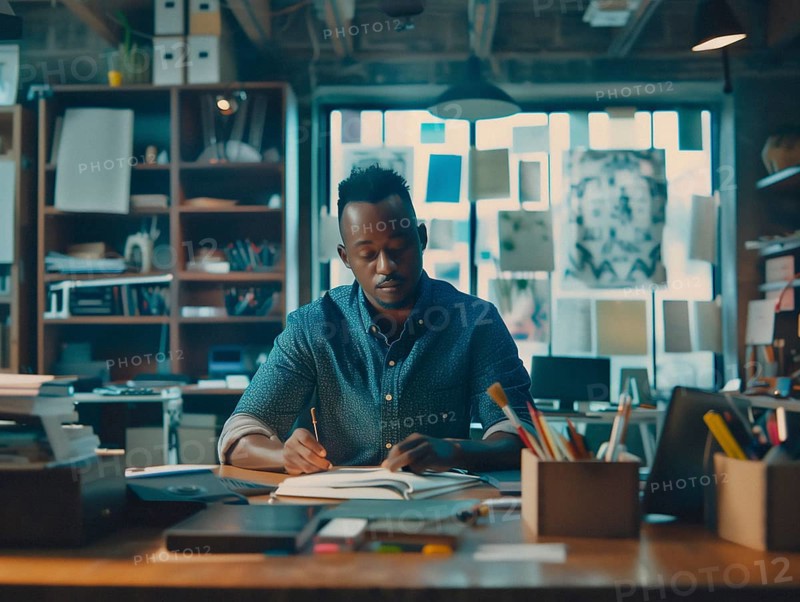 A man concentrates on paperwork at a busy office desk surrounded by technology and warm lighting, african american at office, AI generated