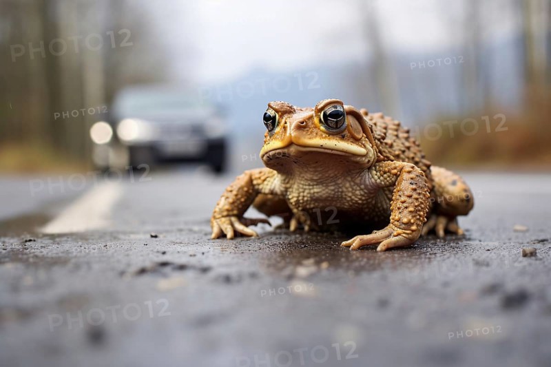 Large toad sitting on road with approaching car in background. KI generiert, generiert AI generated