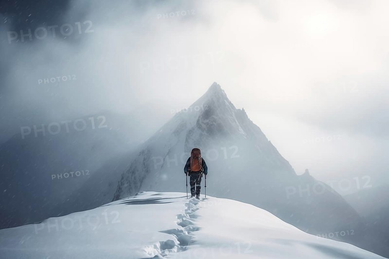 A mountaineer in mountains approaching a majestic snowy mountain peak amidst a snowfall and snow storm. Solitude and determination, adventure and challenge of climbing in extreme conditions, AI generated