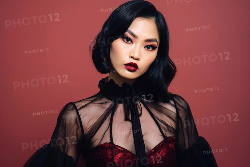 Portrait of beautiful Asian woman with Halloween vampire costume on red background. KI generiert, generiert AI generated